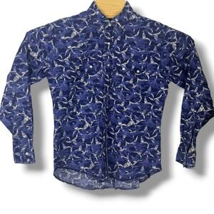 Rustler by Wrangler‎ Western Shirt Women Medium Blue Longhorn Skull Camo Cotton